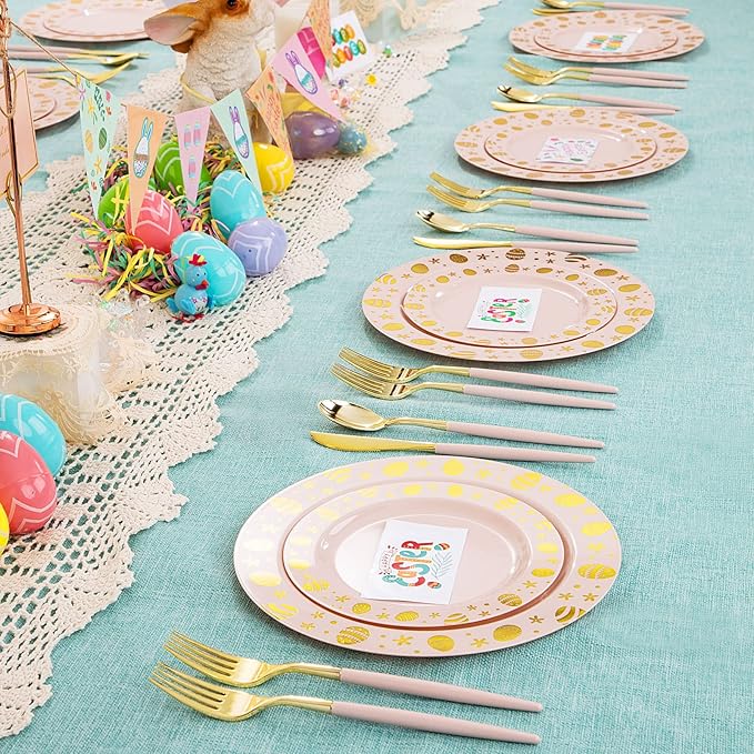 LIYH 60 Pcs Pink Plastic Easter Egg Plates Disposable Dinner & Dessert Plates with Gold Rim for Easter Day Party Decor 30 Guests
