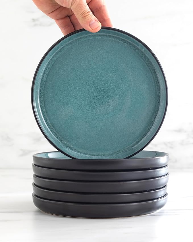 PURE LIVING INTERIOR DESIGN Stoneware small dinner plates set 2 pcs – 7.5" dark petrol blue ceramic salad & dessert plates – Dishwasher and microwave safe – Stylish plates set – Dinner service