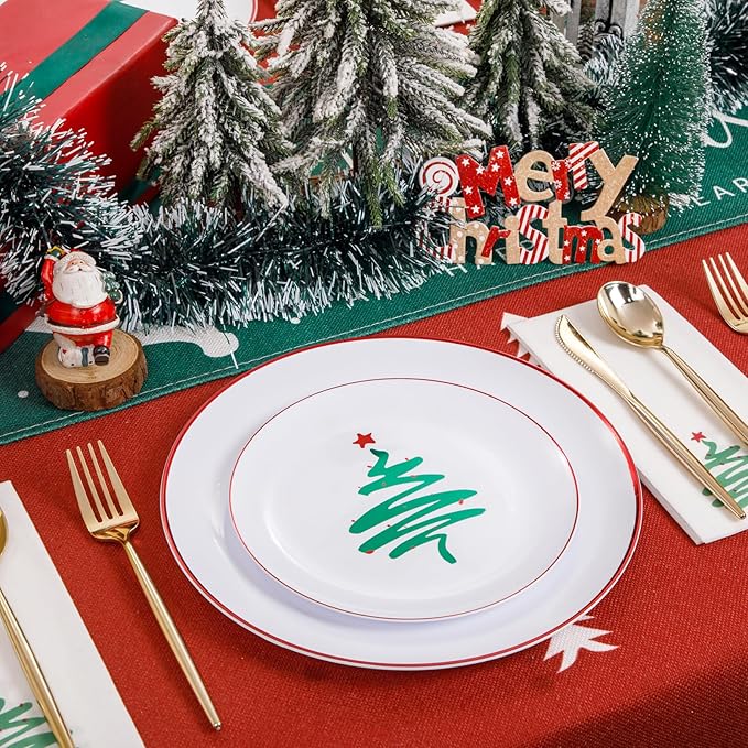 LIYH 60 Pcs Christmas Plates Disposable Heavy Duty, White Plastic Christmas Plates with Red Rim, Tableware Dishes, Xmas Party Decorations Holiday Party Supplies Serve for 30 Guests