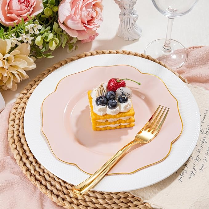 bUCLA 48Pieces Pink Plastic Dessert Plates - 7.5inch Premium Hard Pink with Gold Rim Small Cake/Salad/Appetizer Plates Disposable for Wedding, Party, Shower & Easter