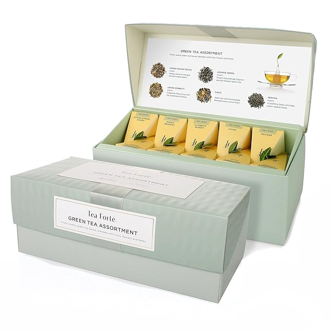 Tea Forte Premium Presentation Box Gift Set Sampler, 20 Count, Assorted Blends Individually Wrapped Handcrafted Pyramid Infuser Bags, Gifts for Mom, Green Tea