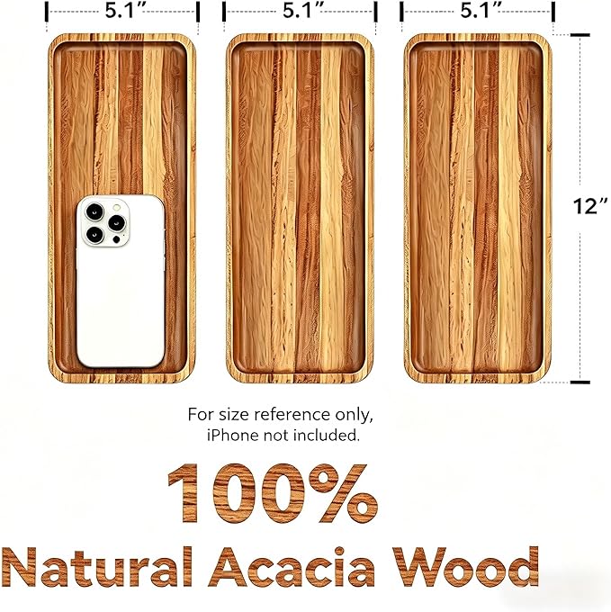 Anyvape Acacia Wood Serving Trays, Set of 3 Wooden Serving Platters for Home Decor, Food, Cheese, Fruit, Vegetables, Charcuterie, Appetizer Serving Tray(11.8 x 5.1 x 0.78 inches)