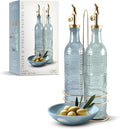 COOK WITH COLOR Glass Olive Oil Bottle Dispenser - 2 Pack- 17oz Oil and Vinegar Cruet - Olive Oil Carafe Decanter for Kitchen, Champagne Bubbles, Blue