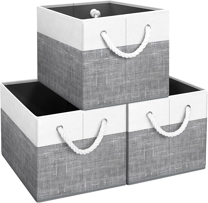 Fab totes Storage Bins [9-Pack], Foldable Storage Baskets for Organizing Toys, Books, Shelves, Closet, Large Storage Box with Rope Handles, Sturdy Organizer Bins, White & Black