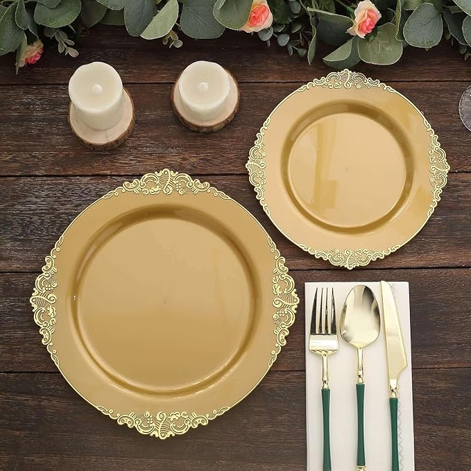 Efavormart 10 Pack | 10" All-Gold Baroque Dinner Plates, Leaf Embossed Metallic Rim Heavy Duty Serving Plates for Prestigious Ballroom Events