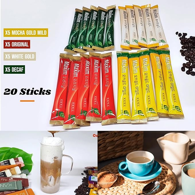 CUTIE MANGO Instant Coffee Mix Packets Single Serve - Korean Variety Coffee Sampler 20 Sticks of 4 Different Flavors, Maxim White, Mocha Gold, Original, Decaf (5 Sticks Each)