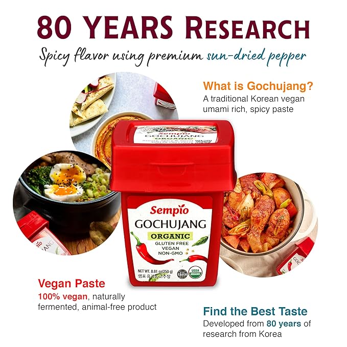 Sempio Gochujang Vegan Korean Red Chili Pepper Paste - Organic Gluten Free: Sweet Spicy Savory Paste, Traditional Fermented Condiment for Cooking, Marinades, Dips, Non GMO (8.8oz/250g)