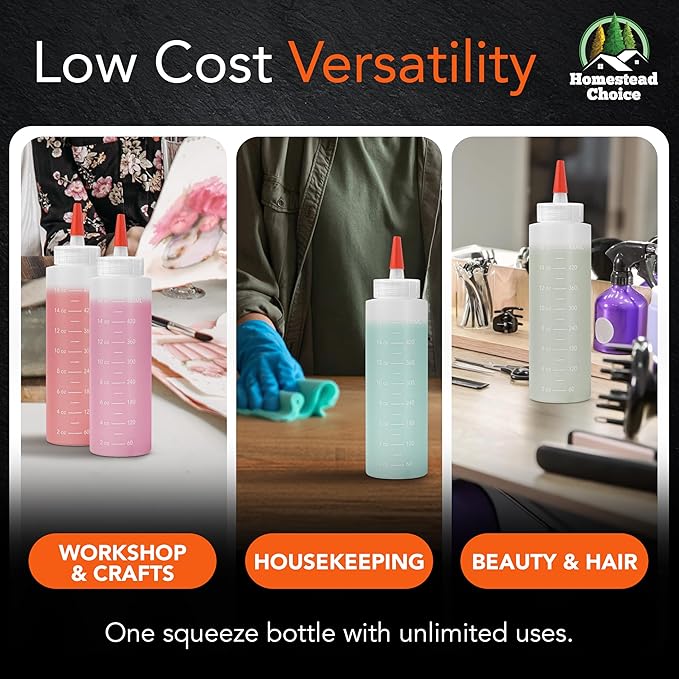 Homestead Choice 2-pack Plastic Squeeze Bottles for Sauces - 16oz Condiment Squeeze Bottles for Liquids - BPA Free Squirt Bottle with Cap - Ketchup, Syrup, Oil, Dressings, Honey & Arts and Crafts