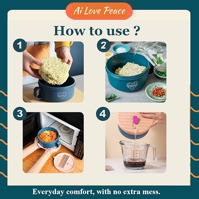 AI LOVE PEACE Ramen Bowl, 40 oz Microwaveable Noodle Cooker for Ramen, Pho, Soup, and Pasta, Dishwasher Safe and Portable, Ideal for Home, Office, Dorm, or Gift (Orange)