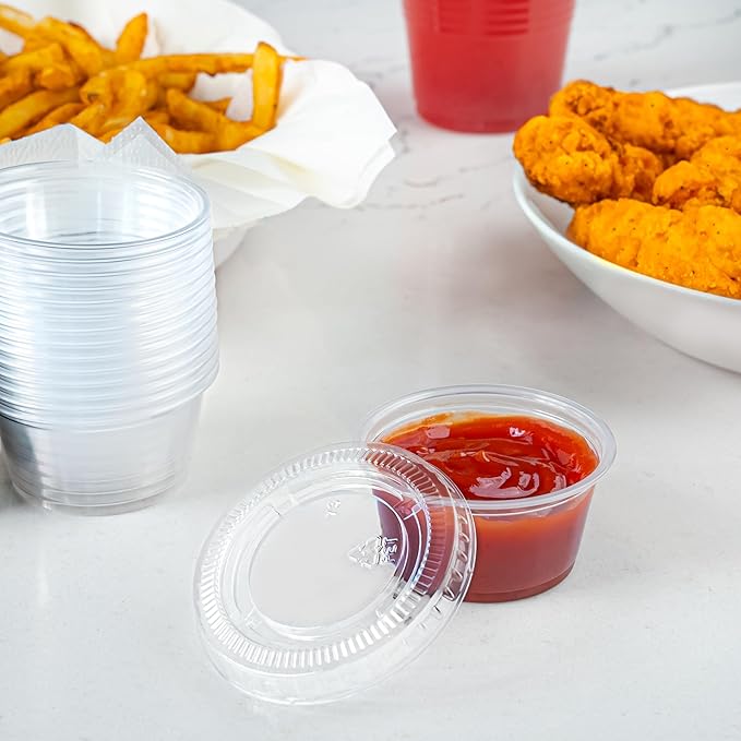 Amazon Basics Disposable Plastic To-Go Cups and Lids, Mini, 2oz, 50 Count, BPA Free, for Condiment, Salad Dressing, Sauces, Jello Shots (Pack of 2)
