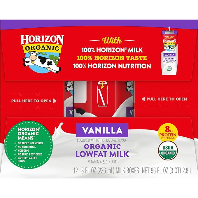 Horizon Organic Shelf Stable 1% Lowfat Vanilla Milk Boxes, Pack of 12 - 8g Protein per Serving
