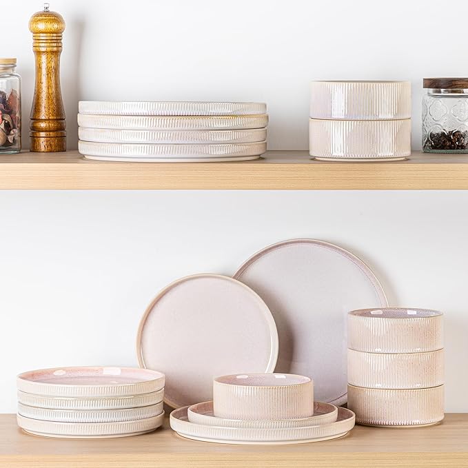 TheTerra Ceramic Dinnerware Sets for 4, 12 Pieces Porcelain Lightweight Plates and Bowls Sets, Scratch Resistant Dish Set, Oven & Microwave & Dishwasher Safe, Primrose Pink