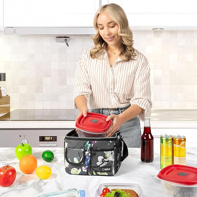 opux Insulated Lunch Box for Men Women Kids, Leakproof Reusable Lunch Bag Cooler for Work School Office, Soft Thermal Lunchbox Tote with Shoulder Strap for Boys Girls Adults, Floral Grey, 14 Can/8L