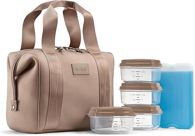 Fit & Fresh Remi Lunch Bag for Women Work – Neoprene Lunch Tote with Containers & Ice Pack, Reusable Meal Prep Lunch Box, Large Capacity, Machine Washable, Taupe