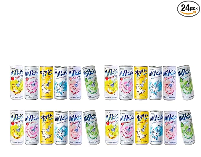 Lotte Milkis 6 Flavors Combo (Original, Apple, Melon, Peach, Banana, & Strawberry) (6 x 4 cans, 8.45 FL Oz(Pack of 24))