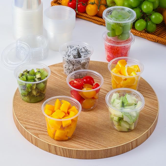 AOZITA [55 Sets - 5.5 oz Portion Cups With Lids, Jello Shot Cups, Small Plastic Containers, Airtight and Stackable Souffle Cups
