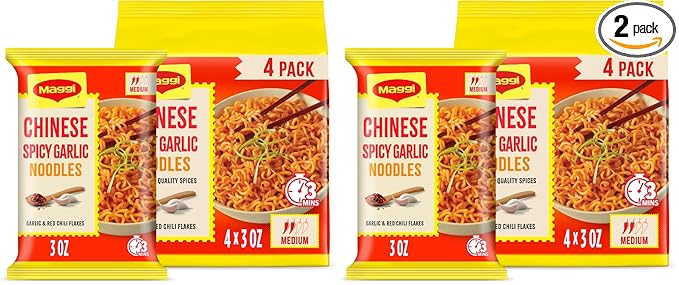 Maggi Chinese Spicy Garlic Noodles, Instant Ramen Noodles, 3 min, Vegetarian, Halal, Kosher, 8-Pack