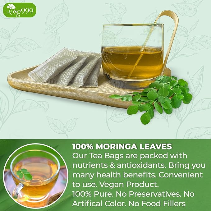 TOG999, Premium 60 Moringa Leaf Tea Bags, 100% Natural & Pure. Loose Leaf Moringa Herbal Tea. No Sugar, No Caffeine, No Gluten, Vegan.