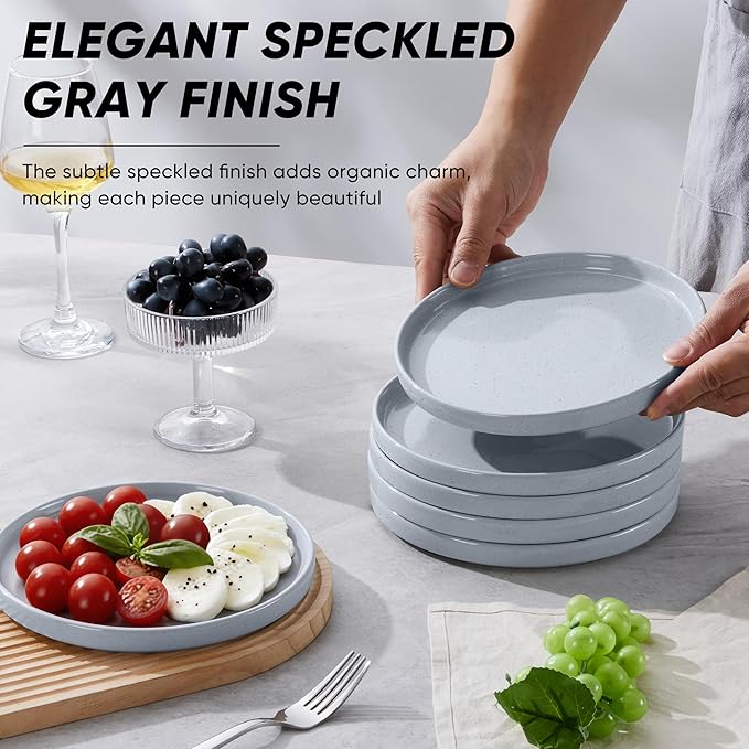 E-far 7.9 Inch Ceramic Dinner Plates, 6-Piece Stoneware Salad Plates with Raised Edges, Chip & Scratch Resistant | Microwave & Dishwasher Safe Dessert Dishes for Appetizer Salad, Speckled Gray