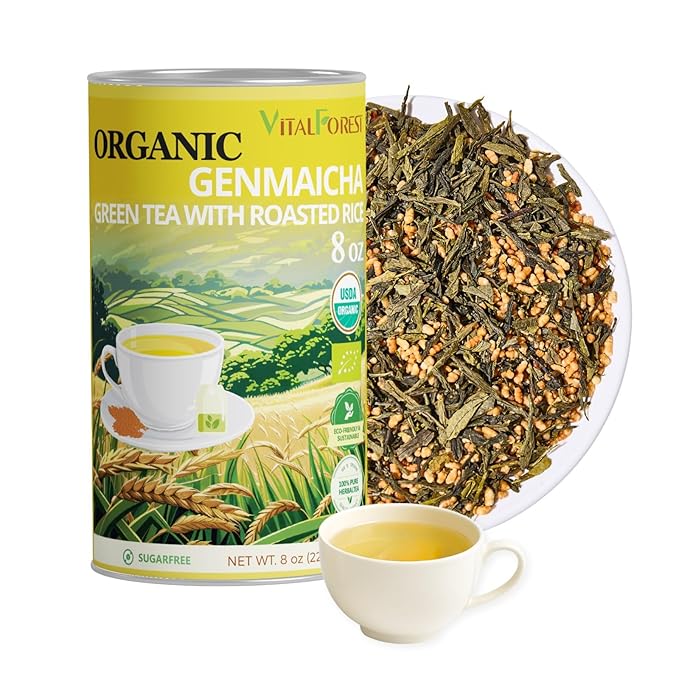 8oz Organic Genmaicha Green Tea with Roasted Rice, Genmaicha Tea Loose Leaf, Roasted Green Tea, Brown Rice Tea, Smooth Nutty Flavor