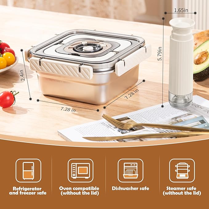 Stainless Steel Vacuum Food Storage Container with Handle- 1250ml/44oz, Large Capacity Leak-Proof Lunch Box with Hand Pump, Freezer & Dishwasher Safe - Portable for Work, Picnics