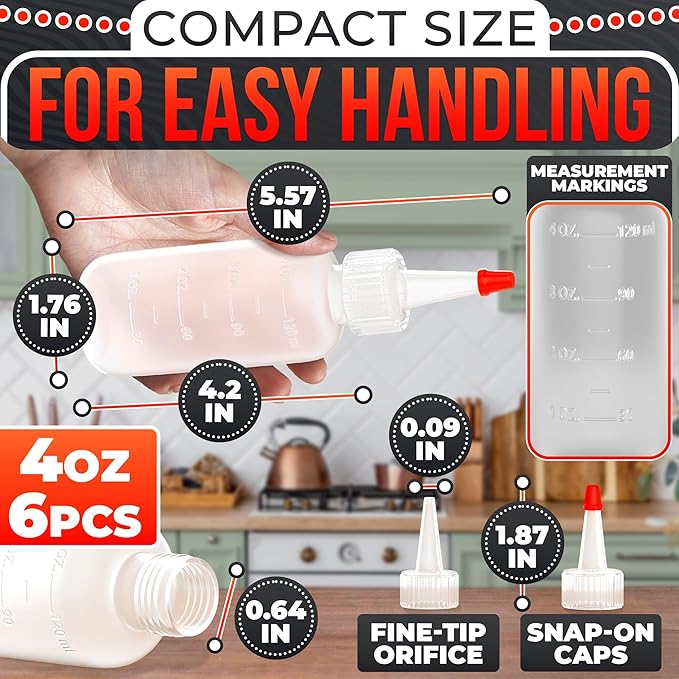 6-Pack Squeeze Bottles for Liquids 4 oz with Scale – No-Mess Dispensing | Clear Condiment Bottle Set for Sauces, Oil, Dressing, Syrup, Ketchup, Mustard & Cookie Decorating – Refillable Squirt Bottles