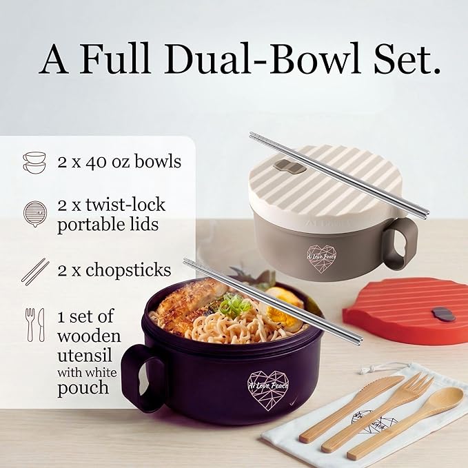 AI LOVE PEACE Microwave Noodle Bowl Set of 2, 40 oz Ramen Bowls with Lids, Dishwasher Safe Soup Bowl for Ramen, Pho, Pasta, Rice, College Dorm Essentials (Beige & Red)