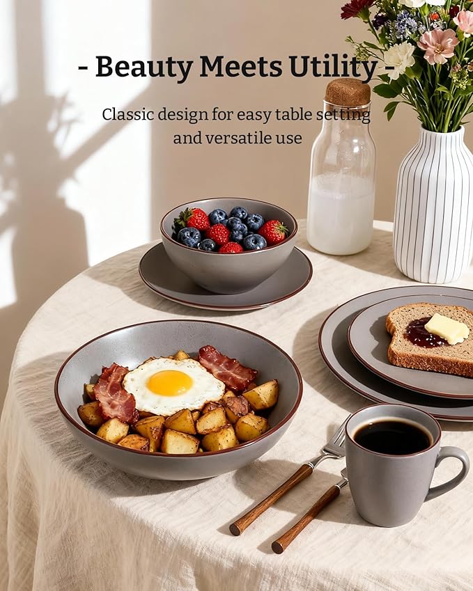 Famiware Venus 16-Piece Stoneware Dinnerware Sets with Mugs, Plates, Bowls, Service for 4, Matte Dark Gray - Modern Ceramic Chip‑Resistant Dishes for Everyday & Formal Use, Microwave & Dishwasher Safe