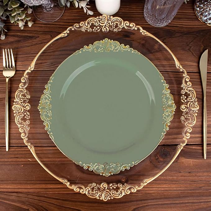 Efavormart 10 Pack | 10" Dusty Sage and Gold Baroque Dinner Plates, Leaf Embossed Metallic Rim Heavy Duty Serving Plates for Greenhouse Events