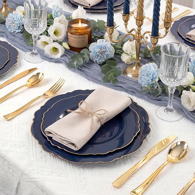 WDF 100pcs Blue Plastic Plates - Baroque Blue&Gold Disposable Plates for Parties/Wedding-50Plastic Dinner Plates 10.25in, 50Salad Plates 7.5in for Party/Birthday/Wedding/Independence Day