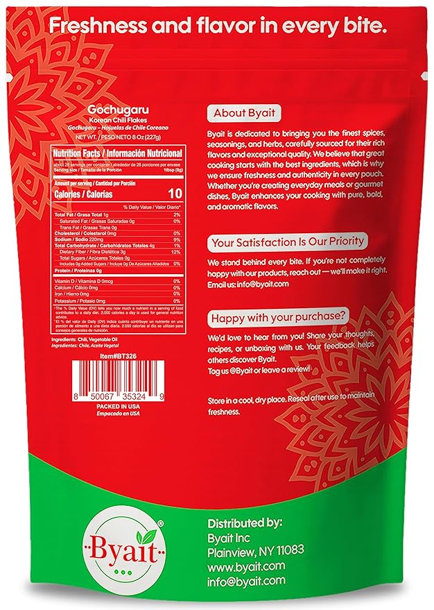 Byait Gochugaru Korean Chili Flakes 8 Oz, Medium Hot, 100% Pure Red Chili Pepper Flakes for Authentic Korean Cooking, Kimchi, Chili Oil, and Seasoning