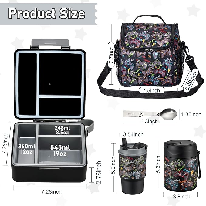Bento Lunch Box for Kids with 17oz Soup Thermo,Insulated Tumbler Water Bottle and Insulated Lunch Bag,Leak-Proof 3 Compartment Lunch Food Container with Ice Pack for Kids to School-Game Console