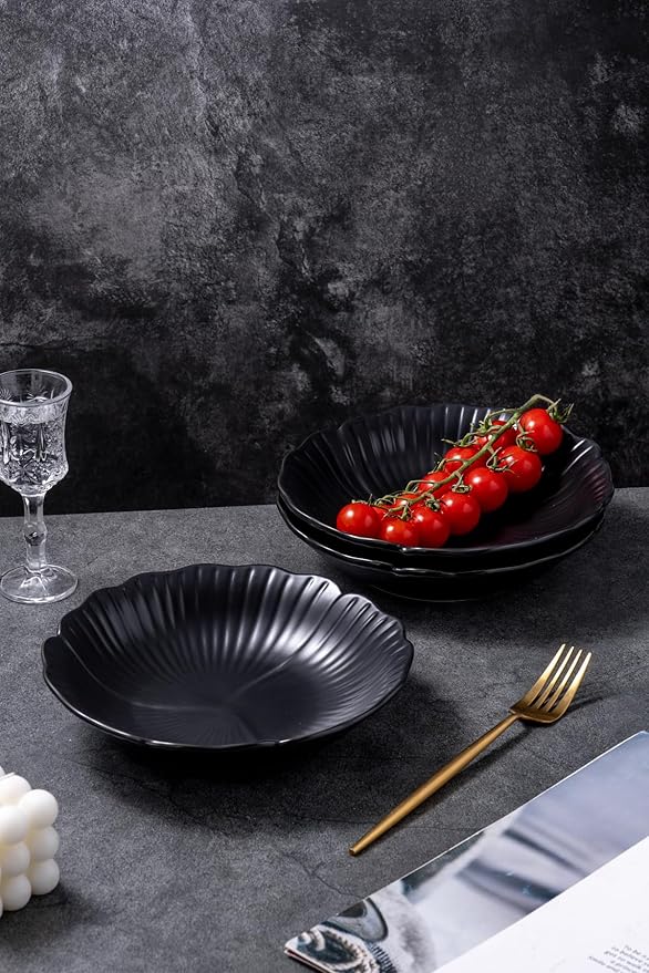 Jusalpha Set of 3-Japanese Style Flower Petal Shaped Porcelain Dinner Plates, Versatile Circular Serving Plates for Breakfast, Salad, Steak Dinner, PL019 (8 Inches, Black)