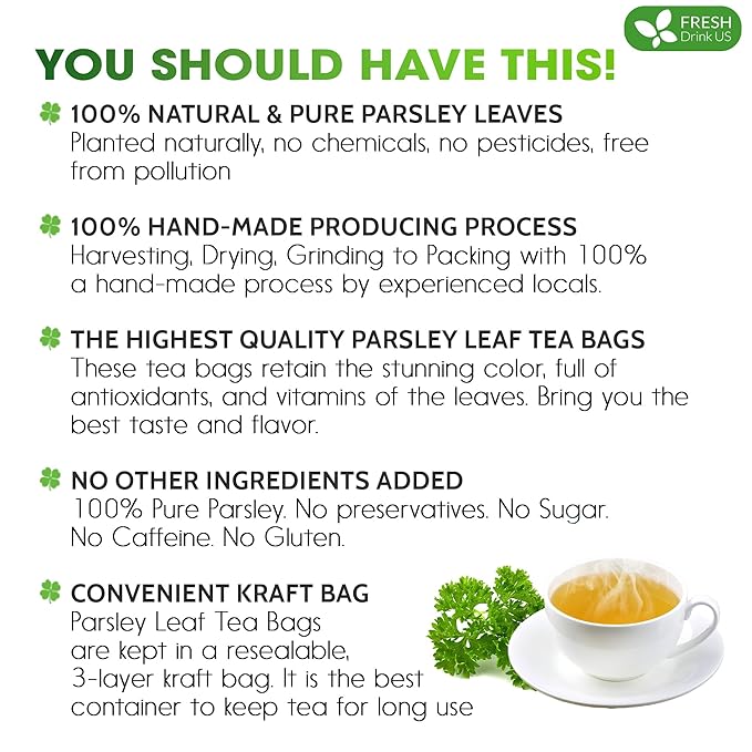 Premium 135 Parsley Leaf Tea Bags, 100% Natural & Pure from Parsley Leaves. Loose Leaf Parsley Herbal Tea. Parsley Leaf Tea. Made with Natural Material Tea Bags. No Sugar, No Caffeine, No Gluten, Vegan.