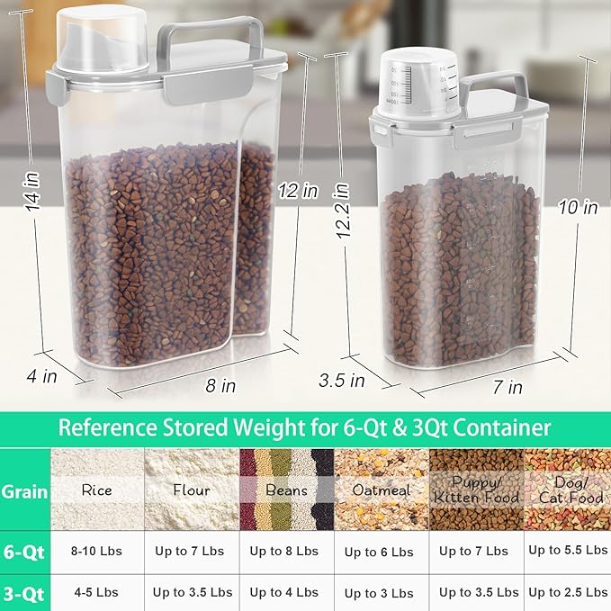 TBMax 2 Pack Airtight Rice Container 5 Lbs +10 Lbs, Cereal Container Oatmeal Storage with Easy-pouring Spout & Handy Cup for Flour Grain Beans, Pet Dog Cat Bird Food Storage Dispenser -Light Grey