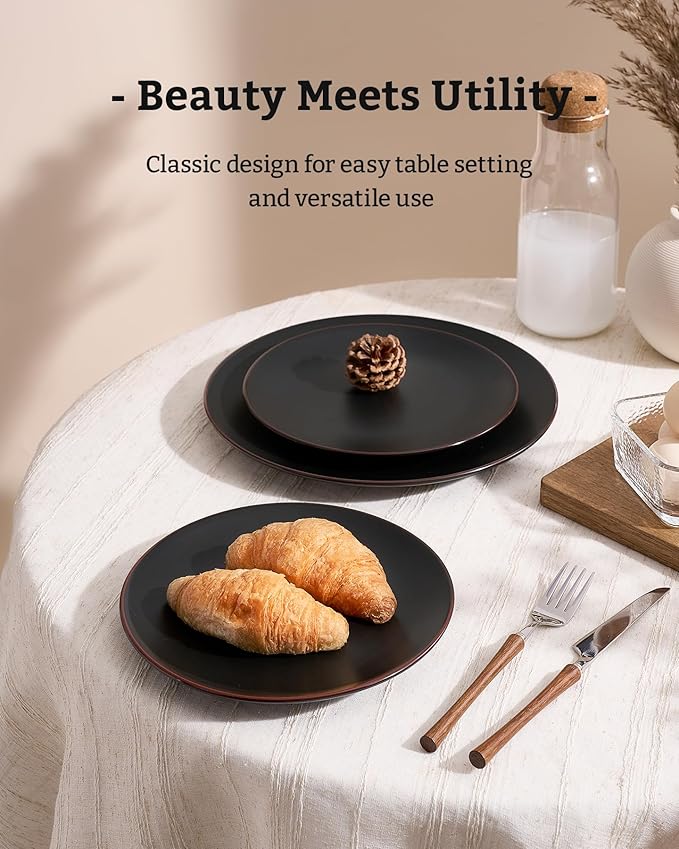 Famiware Venus Plates and Bowls Sets with Trim, 18 Pieces Stoneware Chip‑Resistant Dinnerware Set for 6, Matte Black - Modern Minimalist Dishes, Microwave/Dishwasher Safe for Everyday & Formal Dining