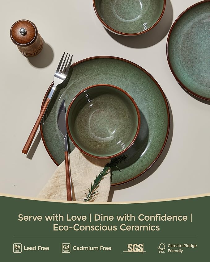 Pokini Stoneware Dinnerware Sets Service for 12, 36 pcs Reactive Glaze Plates and Bowls Sets, Handmade Ceramic Dish Set, Highly Chip and Crack Resistant Modern Plate Set, Brown Green