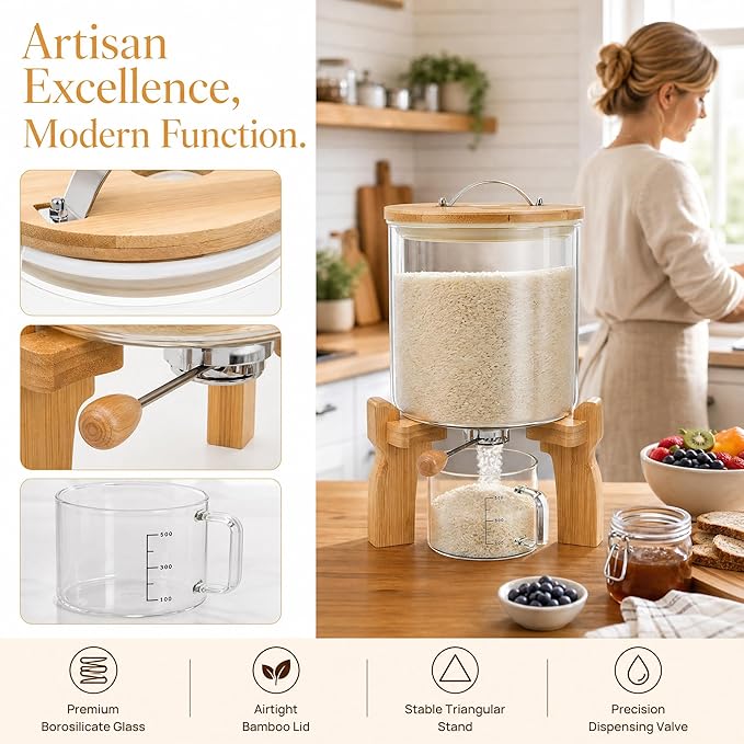 Goaste Glass Rice Dispenser with Bamboo Stand, 5L Flour Cereal Container with Airtight Lid, 8 Lbs Large Grain Food Storage Bucket, Countertop Beans Storage Tank with Measuring Cup & Valve for Dry Food