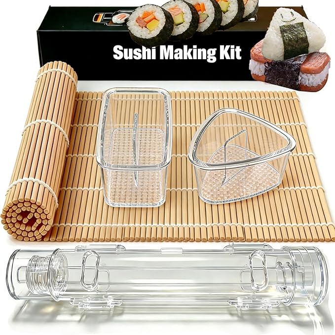 Sushi Making Kit Set – Clear Sushi Bazooka, Musubi Press Mold, Onigiri Rice Mold & Bamboo Sushi Rolling Mat – Easy Homemade Sushi Tools for Beginners & Sushi Lovers