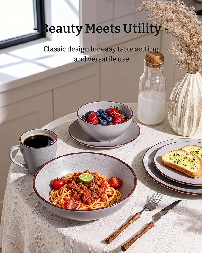 Famiware Venus 16-Piece Stoneware Dinnerware Sets with Mugs, Plates, Bowls, Service for 4, Matte Light Gray - Modern Ceramic Chip‑Resistant Dishes for Everyday & Formal, Microwave & Dishwasher Safe