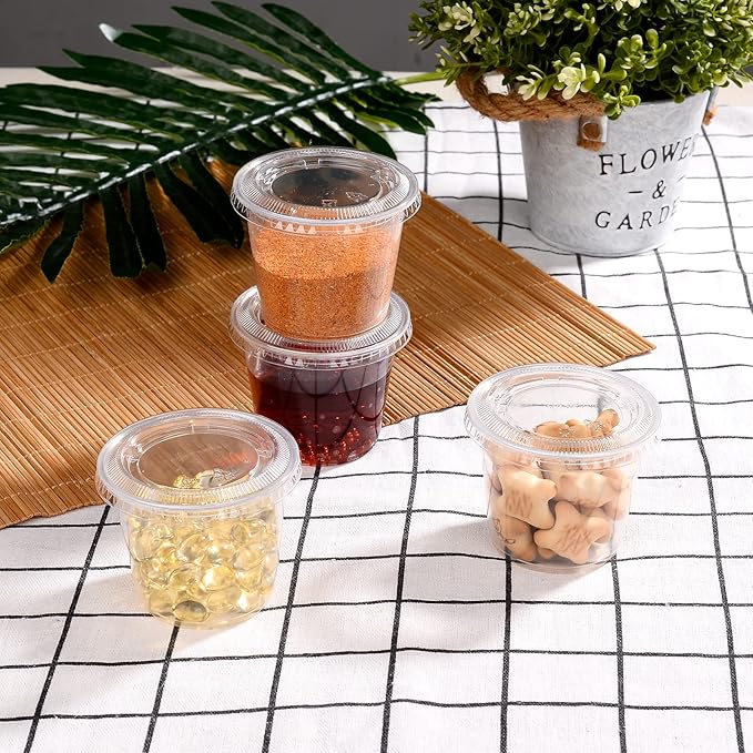 [5.5 OZ, 50 Sets] EDI Clear Disposable Plastic Portion Cups with Leakproof Lids | Jello Shot/Souffle Cups| Condiment and Dipping Sauce Cups | BPA Free | Recyclable