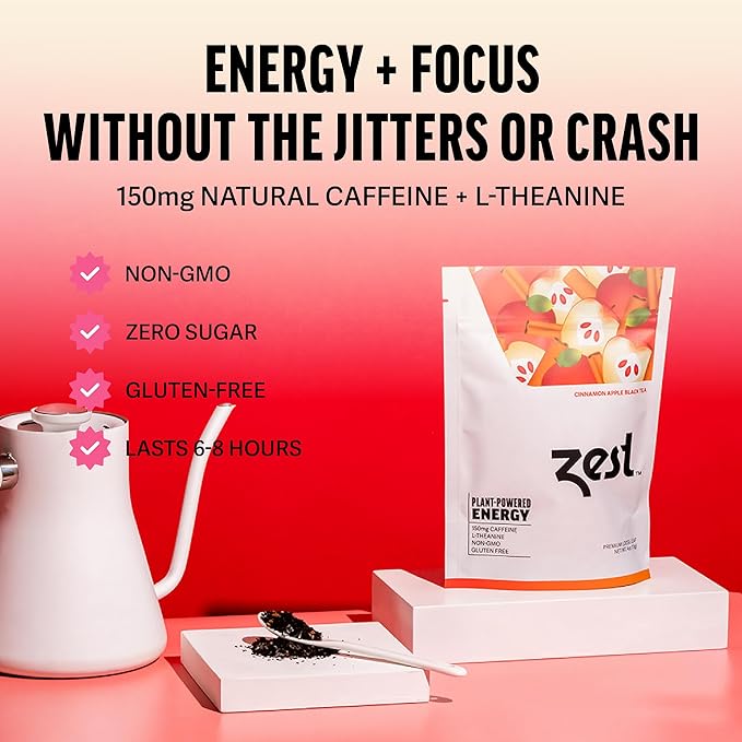 Zest Energy Tea - Cinnamon Apple Spice High Caffeine Black Tea Loose Leaf Blend - Caffeinated Coffee Altnernative/Substitute - Natural, Non-GMO & Keto Friendly - Hot or Iced - 50 Servings - 150mg Caf