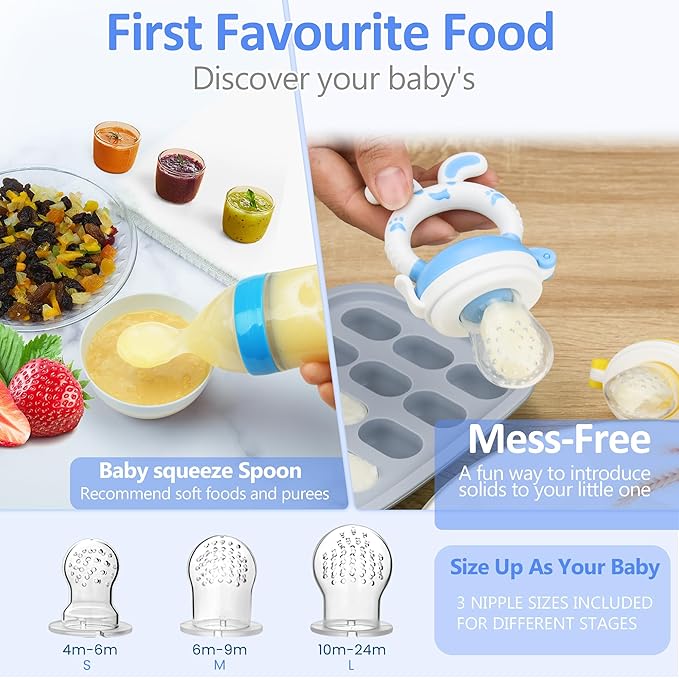 Baby Fruit Feeder Pacifier | 2 Infant Food Feeder Pacifier & 2 Baby Food Dispensing Spoon | Fresh Fruit Teethers for Babies | Silicone Feeder Babies,Infant Teething Feeders (Blue-Rabbit)