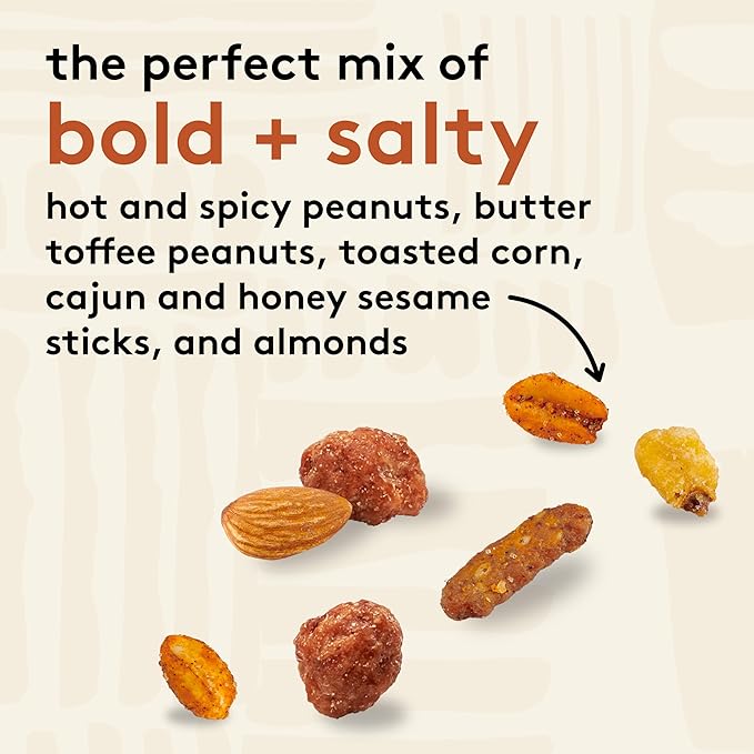 Snak Club Cajun Style Snack Mix with Hot and Spicy Peanuts, Butter Toffee Peanuts, Toasted Corn, Cajun and Honey Sesame Sticks, and Almonds, Kosher Trail Mix Snacks, 15 oz Resealable Bag