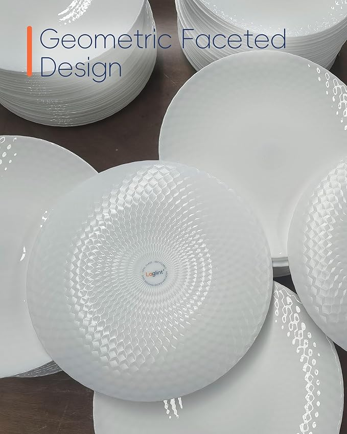 LaGlint 7.5 inch Appetizer Plate Set of 6, Opal Glass Round Geometric Faceted Small White Plates for Salad Dessert, Kitchen, Dishwasher and Microwave Safe