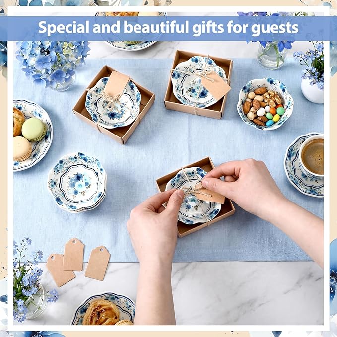 SiliFine 24 Pcs Wedding Favors for Guests Small Ceramic Bowl Bulk Gifts Set 3.3 Inch Floral Design Mini Dipping Sauce Dish with Card Box for Bridal Pooja Baby Shower Birthday (Rose,Blue)