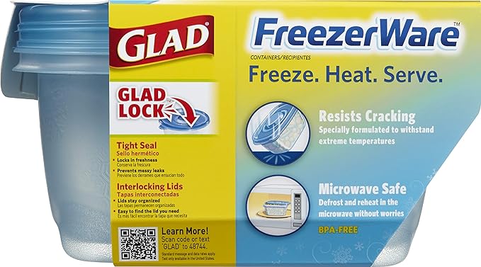 Glad Gladware Freezerware Food Storage Containers, Large Rectangle Holds 64 Ounces of Food, 2 Count Set | Tupperware, Plastic Food Container, Meal Prep Container, Plastic Containers with Lids