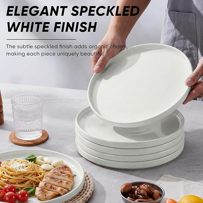 E-far White Dinner Plates Set of 6, 10.5 Inch Stoneware Dinner Plates with Raised Edges, Chip & Scratch Resistant | Microwave & Dishwasher Safe Modern Ceramic Dishes for Dessert Salad, Speckled White