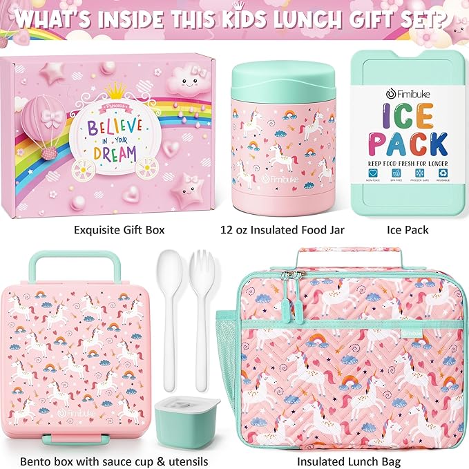 Fimibuke Kids Bento Snack Lunch Box with 4 Compartments, Insulated lunch Bag, Stainless Steel Thermo Food Jar, Ice Pack & Utensils, Unicorn Birthday Gifts for Age 3-12 Back to School Toddler Girl Boy