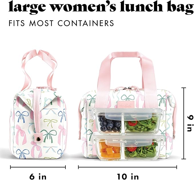Fit & Fresh Remi Lunch Bag for Women Work – Neoprene Lunch Tote with Containers & Ice Pack, Reusable Meal Prep Lunch Box, Large Capacity, Machine Washable, Dainty Bows